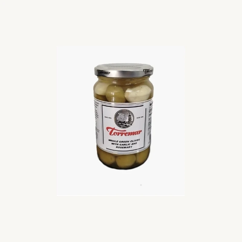 Torremar Whole Manzanilla Olives with Garlic and Rosemary from Arahal (With Pits)